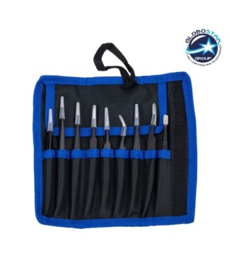 GloboStar® 79997 Επαγγελματικό Mini Σετ Λαβίδων - Τσιμπίδων - Tweezers 9 Τεμαχίων σε 1 DIY Tool Kit Υψηλής Αντοχής Stainless Steel Μαύρο Μ19 x Π2.5 x Υ19cm